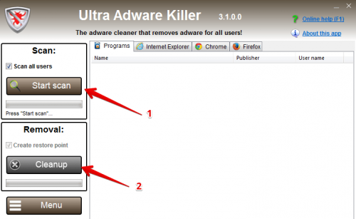 2 главные кнопки в UltraAdwareKiller