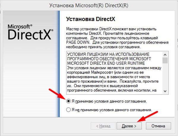 Начальный экран установки DirectX